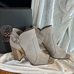 Vince Camuto Taupe Suede Open-Toe Stacked Heel Booties